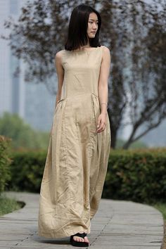 Linen dress maxi dress woman dress linen dress pockets | Etsy Beige Sleeveless Linen Dress Casual Style, Flax Sleeveless Casual Dress, Sleeveless Cotton Dress In Flax Color, Casual Flax Sleeveless Dress, Casual Sleeveless Flax Dress, Beige Sleeveless Cotton Dress, Beige Sleeveless Linen Dress, Sleeveless Beige Linen Maxi Dress, Maxi Linen Dress