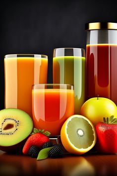 there are many different types of juices on the table