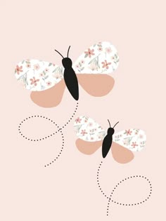 two butterflies flying in the air with flowers on their wings, one is pink and the other is black