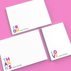 three stationery cards with the words thank you and love written in multicolored letters