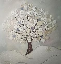 a painting of a button tree with snowflakes on it