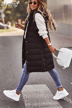 Casual Cotton Dress, Chaleco Casual, Sleeveless Coat, Collar Vest, Sleeveless Outfit, Gilet Long, Long Winter Coats, Long Coat Women