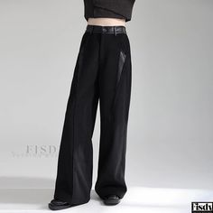 Fisdy - Fashionable Retro Patchwork Leather Wide-Leg Pants by Milad: High-Waisted, Relaxed Fit and Drape for a Casual Yet Stylish Look Vintage Patchwork, Long Trousers, Casual Trousers, Olivia Mark, Wide Leg Trousers, Floor Length, Wide Leg Pants, Casual Pants, Casual Wear