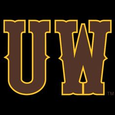 the word uw in brown and gold on a black background with an orange outline