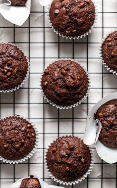 several chocolate muffins on a cooling rack