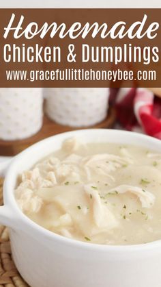 homemade chicken and dumpling soup in a white bowl on a wicker place mat