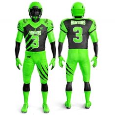 two green football uniforms with numbers on the front and back, all in black and white