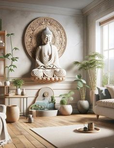 a living room with a buddha statue on the wall and potted plants in front of it