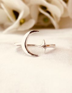 Dainty 925 sterling silver ring crescent and star with cubic zirconia.Minimalist style and star theme perfectly emphasize your image. Item Details: • This listing is for (1) Crescent Star Ring• All metal components are 925 sterling silver.• All sterling silver rings are fabricated and may have visible solder joints. Star Theme, Crescent Moon Ring, Celestial Ring, Moon And Star Ring, Moon Ring, Circle Ring, Celestial Jewelry, Moon And Star, Minimal Jewelry