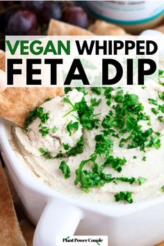 Overhead view of a pita chip being dipped into a white cheese dip topped with fresh parsley with text reading vegan whipped feta dip Tofu Cheese Recipe, Spread For Bagels, Spring Appetizer, Midnight Munchies, Whipped Feta Dip, Tofu Feta, Spring Appetizers, Tofu Recipes Vegan, Vegan Cheese Recipes