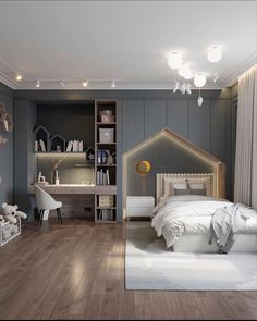 a bedroom with gray walls and wooden floors