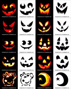 halloween pumpkins with different faces on them, all lit up in the same light