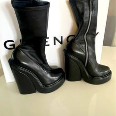 Authentic Used Once For 2 Hrs Practically New No Wear Or Damage Perfect Condition. Black Platform Heeled Boots In Calf Leather, Black Calf Leather Platform Heeled Boots, Designer Black Leather Platform Boots, Modern Black Calf Leather Platform Boots, Designer Platform Boots With Pointed Toe, Designer Platform Boots With Reinforced Heel And Round Toe, Designer Black Platform Boots With Round Toe, Designer Black High Heel Platform Boots, Givenchy Shoes