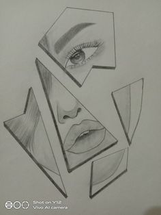 a pencil drawing of a woman's face with geometric shapes around her and the eye