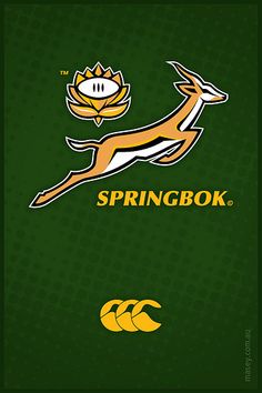 the springbok logo is shown on a green background with yellow and white stripes