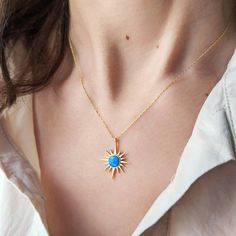 "14K Solid Gold Blue Opal Sun Necklace, Dainty Minimalist, Sol Pendant, Necklace For Women, October Birthstone, Birthday Gifts For Her, Fine 🧿 Welcome to GDjeweltr special jewelry for yourself and loved ones. All our jewelery is made by handmade in our workshop as custom . Please take a look my store to see our handmade necklaces, rings, earrings and bracelets collection. ⭐ Details: * Material : 14K Solid Gold * Finished Color : Yellow Gold, White Gold, Rose Gold. * Necklace Style    : Minimali Dainty Fine Jewelry, Wedding Minimalist, Bracelets Collection, Blue Opal Necklace, Opal Wedding, Necklace Opal, Sun Necklace, Sun Pendant, Solid Gold Necklace