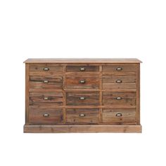 a wooden dresser with many drawers and knobs on the bottom drawer, against a white background