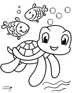 a turtle swimming in the ocean with two fish on it's back coloring page