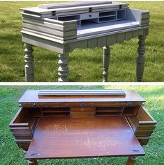 an old desk turned into a vanity in the grass and then painted with chalk paint