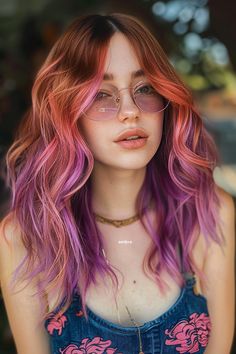 25 Purple Highlights with Different Hair Colors Light Brown Hair With Pop Of Color, Purple Ginger Hair, Brown Hair With Pink Highlights, Orange Brown Hair, Purple Brown Hair, Hair 2025, Purple Hair Highlights, Pink Purple Hair, Sunset Hair