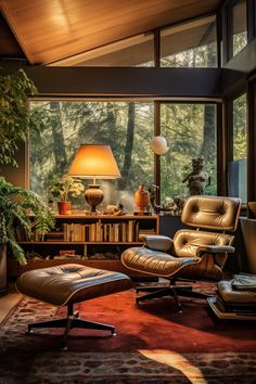 an eames chair and ottoman in front of a window with a view of the woods