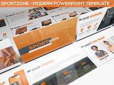 an orange and white presentation is displayed on a table with the words sport zone next to it