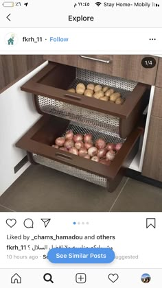 an open refrigerator door with onions in it and the bottom shelf is filled with potatoes