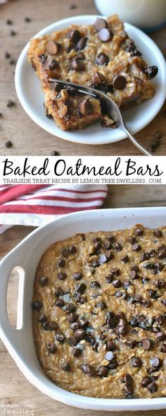 two pictures of baked oatmeal bars in white dishes on a wooden table