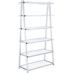 a white shelving unit with four shelves on each side and one shelf in the middle