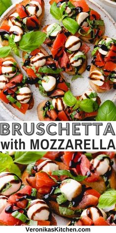 Bruschetta, made with tomatoes, mozzarella, and basil leaves. Bruschetta Recipe Mozzarella, Bruschetta Mozzarella, Brushetta Appetizers, Bruschetta With Mozzarella, Bruchetta Appetizers, Mozzarella Appetizers, Caprese Bruschetta, Easy Bruschetta Recipe, Homemade Bruschetta