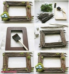 the steps to make a frame with twigs and eggs