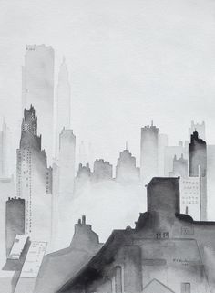 a black and white drawing of a cityscape with skyscrapers in the background