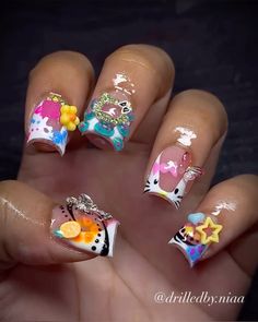 Acrylic Nail Designs Duck Nails, Short Junk Nail Designs Duck, Nails With Ducks On Them, Short Junk Nail Designs, Nail Inspiration Duck Nails, Gyaru Duck Nails, Nail Piercing, Junk Nails, Weak Nails