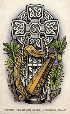 a drawing of a harp and celtic symbols