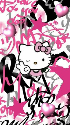 a hello kitty wallpaper with pink and black hearts on the bottom right hand corner