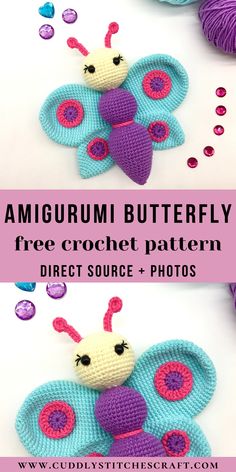 two crocheted butterflies with the text, amigurm butterfly free crochet pattern