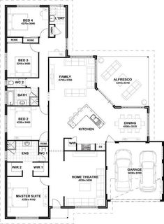 the floor plan for a two story house with three car garages and an attached living area