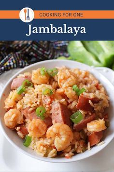 the cover of cooking for one jambalya with shrimp and rice in a white bowl