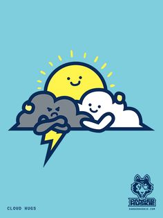 The sun and a fluffy white cloud hug a grumpy storm cloud. Cloud Character Illustration, Storm Clouds Illustration, Cute Rain Cloud Drawing, Cloud Background Cartoon, Cloud Blowing Wind Illustration, Thunder Clouds, Hug Illustration, Need A Hug