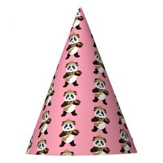 a pink party hat with panda bears on it