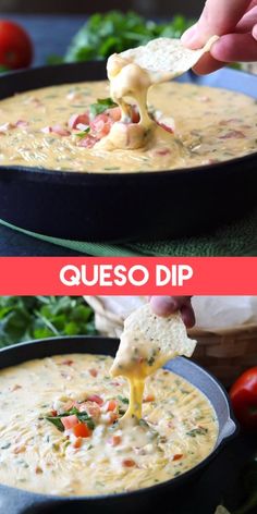 queso dip in a cast iron skillet being dipped with tortilla chips