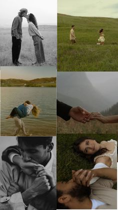 a collage of people holding hands and kissing in the grass, with one person touching another's hand