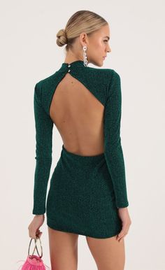 Agnes Dotted Knit Open Back Dress in Green | Lucy in the Sky Green Backless Mini Dress, Hoco Dresses Long Sleeve Open Back, Winter Tight Dresses, Xmas Party Dress Green, Plunging Neckline Dress Short Body Con, Winter Semi Formal Dresses Bodycon, Winter Formal Dresses Open Back, Green Tight Dress Long Sleeve, Green Velvet Dress Short With Tights