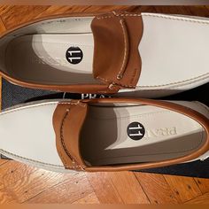 Soft White With Brown Leader Shoes.Brand New.Full Leader Lined With Rubber Soles White Leather Moccasins With Removable Insole, White Calf Leather Loafers For Work, White Leather Slip-on Boat Shoes, Luxury White Slip-on Moccasins, White Leather Moccasins With Almond Toe, White Leather Almond Toe Moccasins, White Leather Moccasins For Office, White Calf Leather Loafers With Almond Toe, White Leather-lined Loafers With Round Toe