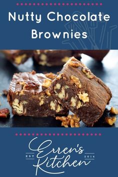 nutty chocolate brownies with walnuts and pecans in the middle on a blue background