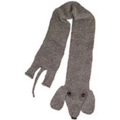 a gray scarf with buttons on the end and two fingers sticking out from underneath it