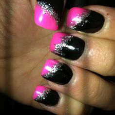 pink black and sparkles!! Pink Black And Silver Nails, Neon Pink And Black Nails Design, Hot Pink And Black Acrylic Nails Designs, Hot Pink And Black Nail Ideas, Black And Neon Pink Nails, Black Pink Silver Nails, Neon Pink And Black Nails, Hot Pink Black Silver Nails, Hot Pink N Black Nails