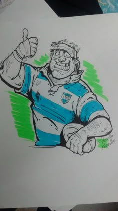 a drawing of a man in blue and white shirt giving the thumbs up with his hand