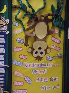 a bulletin board with monkeys and writing on it