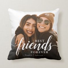 two women hugging each other with the words best friends forever on it pillow cover,